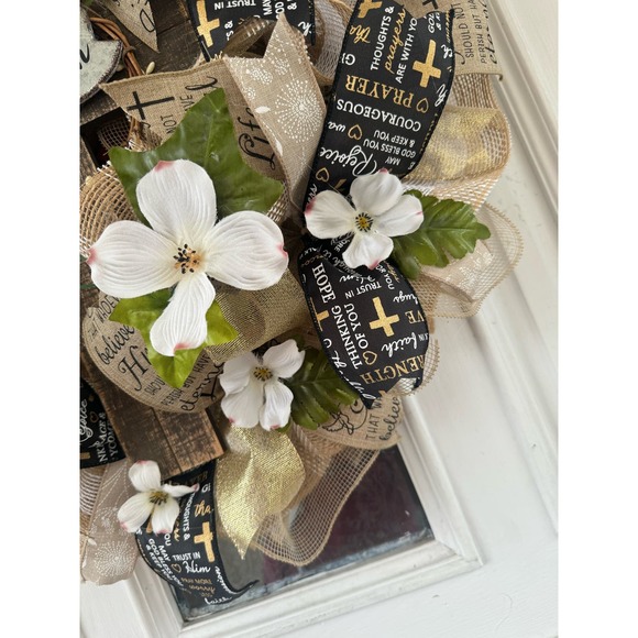 He is Risen Cross Religious Easter Dogwood Flowers Deco Mesh & Ribbon Wreath - Picture 5 of 9